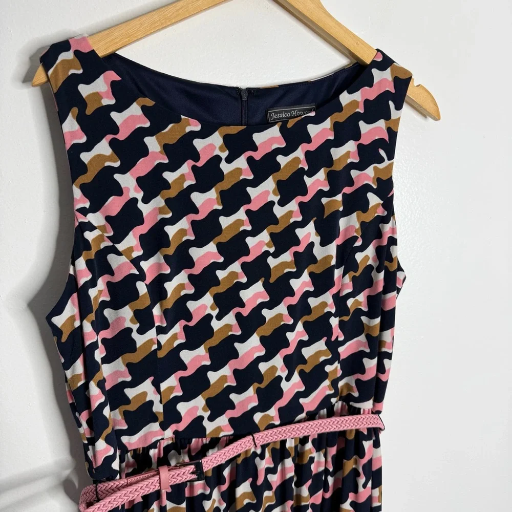 JESSICA HOWARD Navy/Multi Belted Fit &‎ Flare Dress 16 Workwear Casual Preppy
